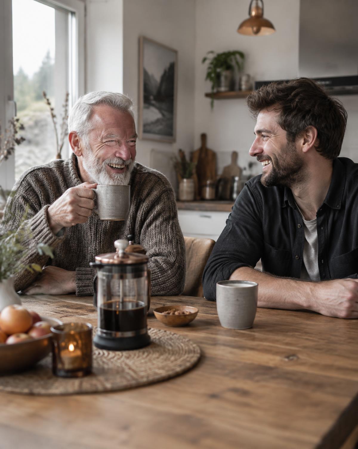 Two men talking warmly over coffee at a kitchen table in soft daylight